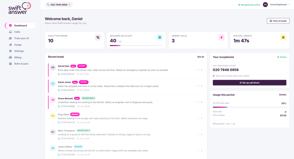 Swift Answer dashboard listing captured leads