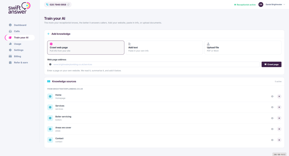 Swift Answer Train your AI page showing knowledge sources