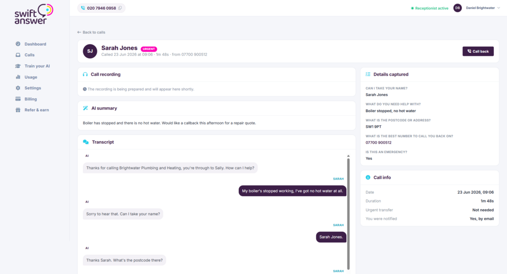 Swift Answer lead detail with summary, captured details and transcript